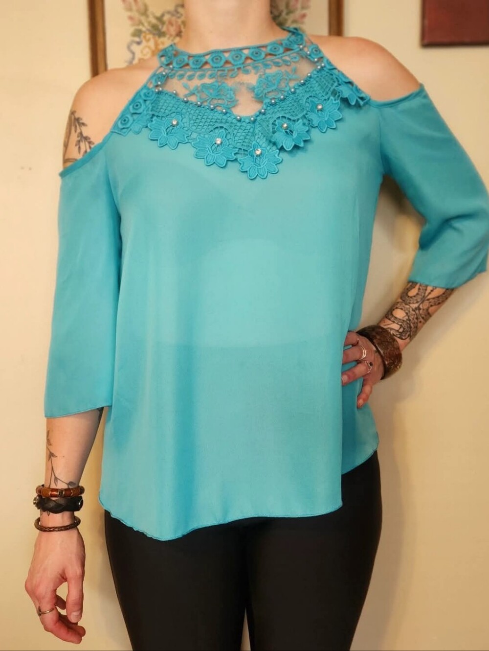 Vintage 2000s Danesi Turquoise Lace Cold Shoulder Top Boho Chic